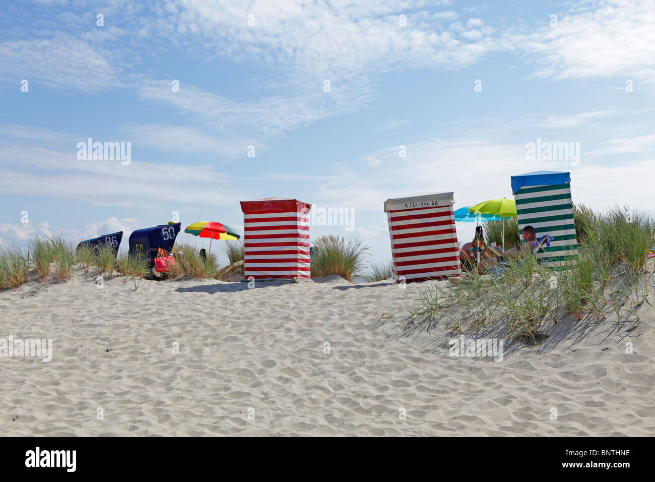 beach chairs at the south beach, Borkum Island, East Friesland, North Sea Coast, Lower Saxony, Germany Stock Photo