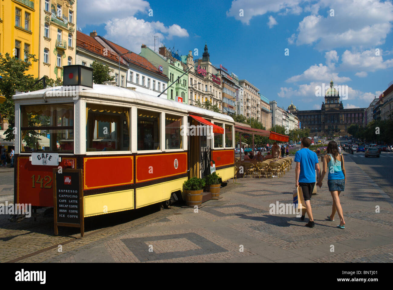 Tram converted into a cafe Vaclavske Namesti (Wenceslas) square Prague Czech Republic Europe Stock Photo