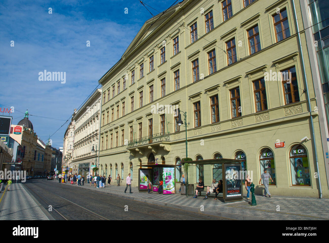 People on namesti Republiky stop along Na Porici street central Prague Czech Republic Europe Stock Photo