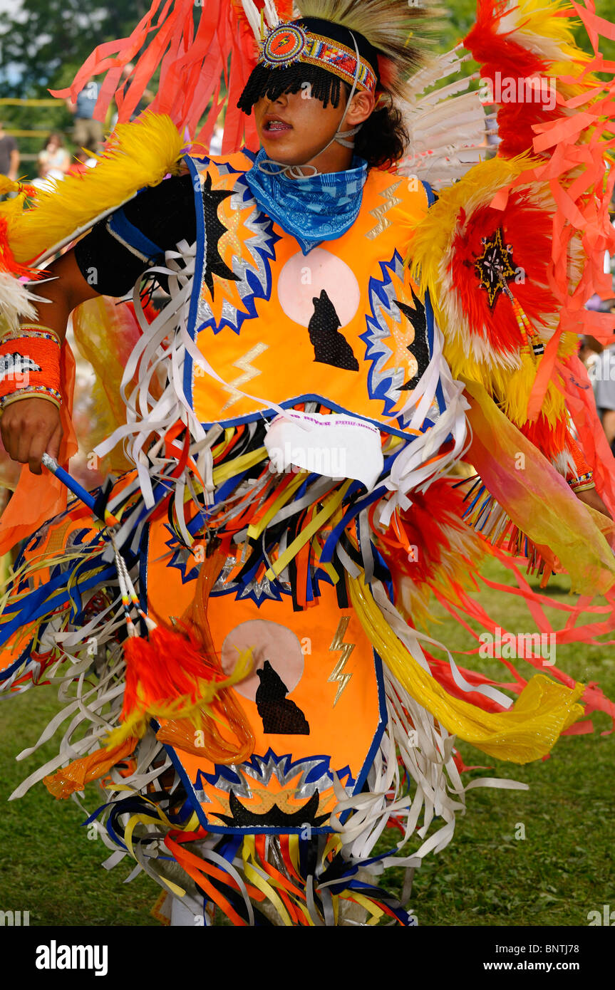 Native Indian Fancy Dancer in competition at a Grand River Pow Wow in Six Nations Reserve Grand River Ontario Canada Stock Photo