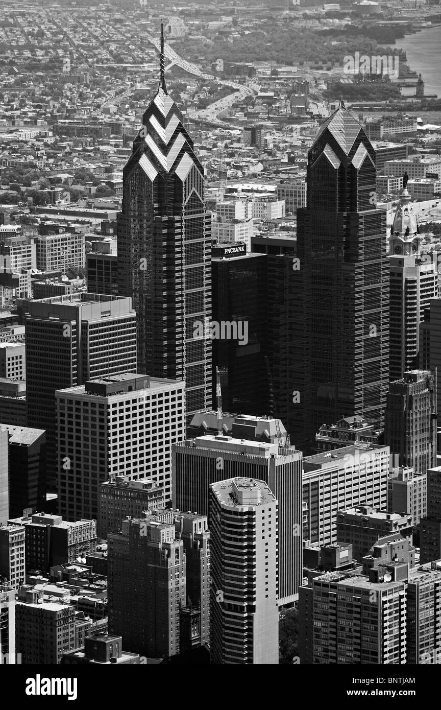 aerial view above One and Two Liberty Place high rise office towers Philadelphia Pennsylvania Stock Photo