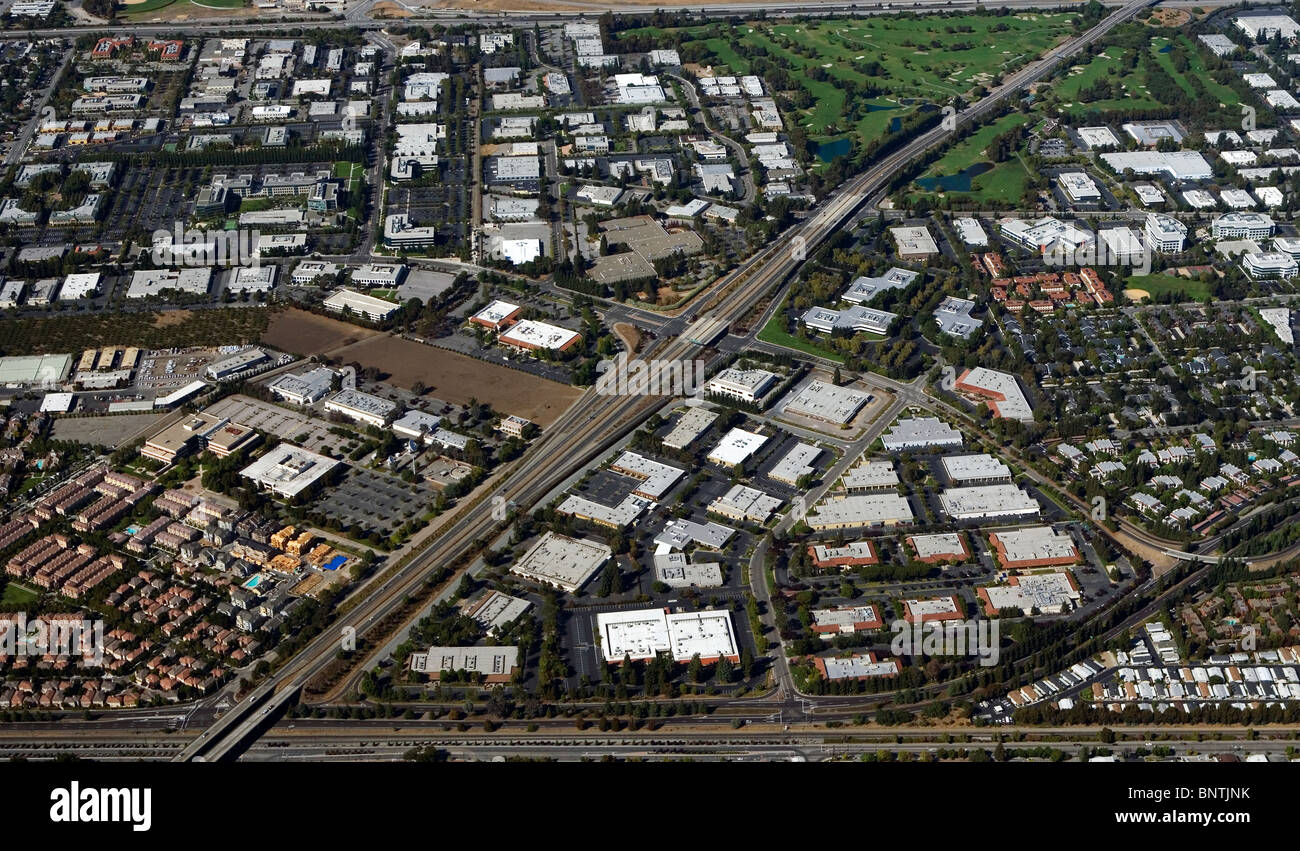 aerial view above office buildings highway 237 Silicon Valley Mountain ...