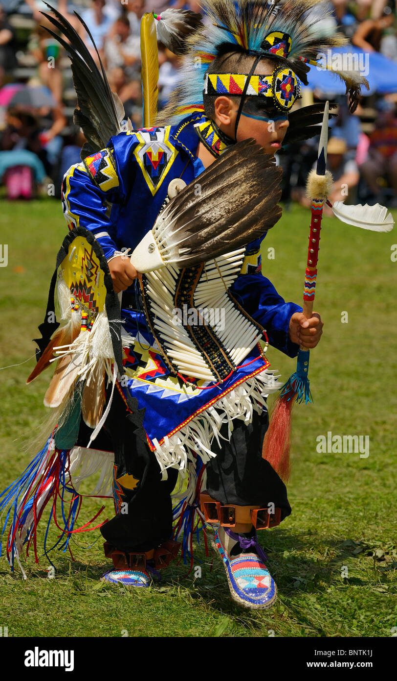 Young Native Indian warrior straight dance at the Six Nations Reserve Pow Wow Grand River Ontario Canada Stock Photo