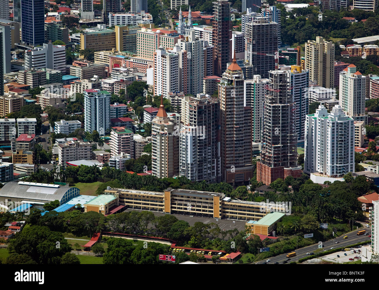 aerial view above high rise buildings Panama city Panama Stock Photo