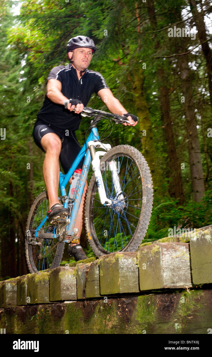 Male bike rider rides along railroad tracks in the woods Stock Photo