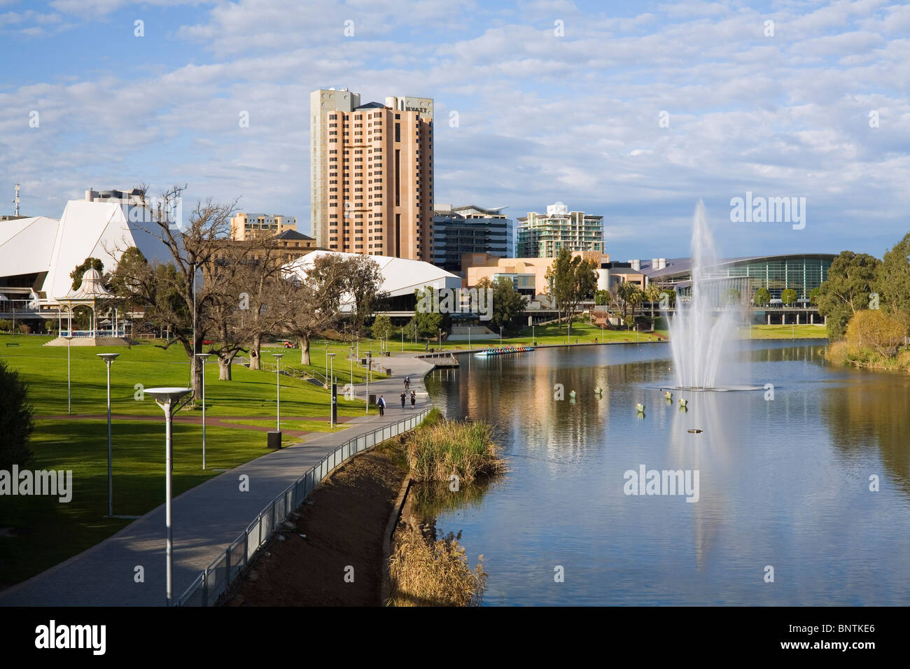 View along Torrens River to the Adelaide Festival Centre and Convention Centre. Adelaide, South Australia, AUSTRALIA. Stock Photo
