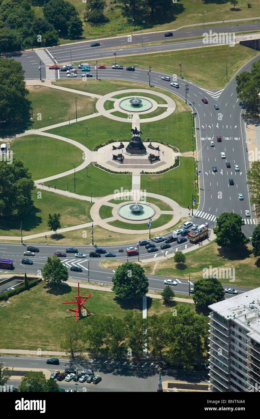 aerial view above equestrian statue park Philadelphia Stock Photo