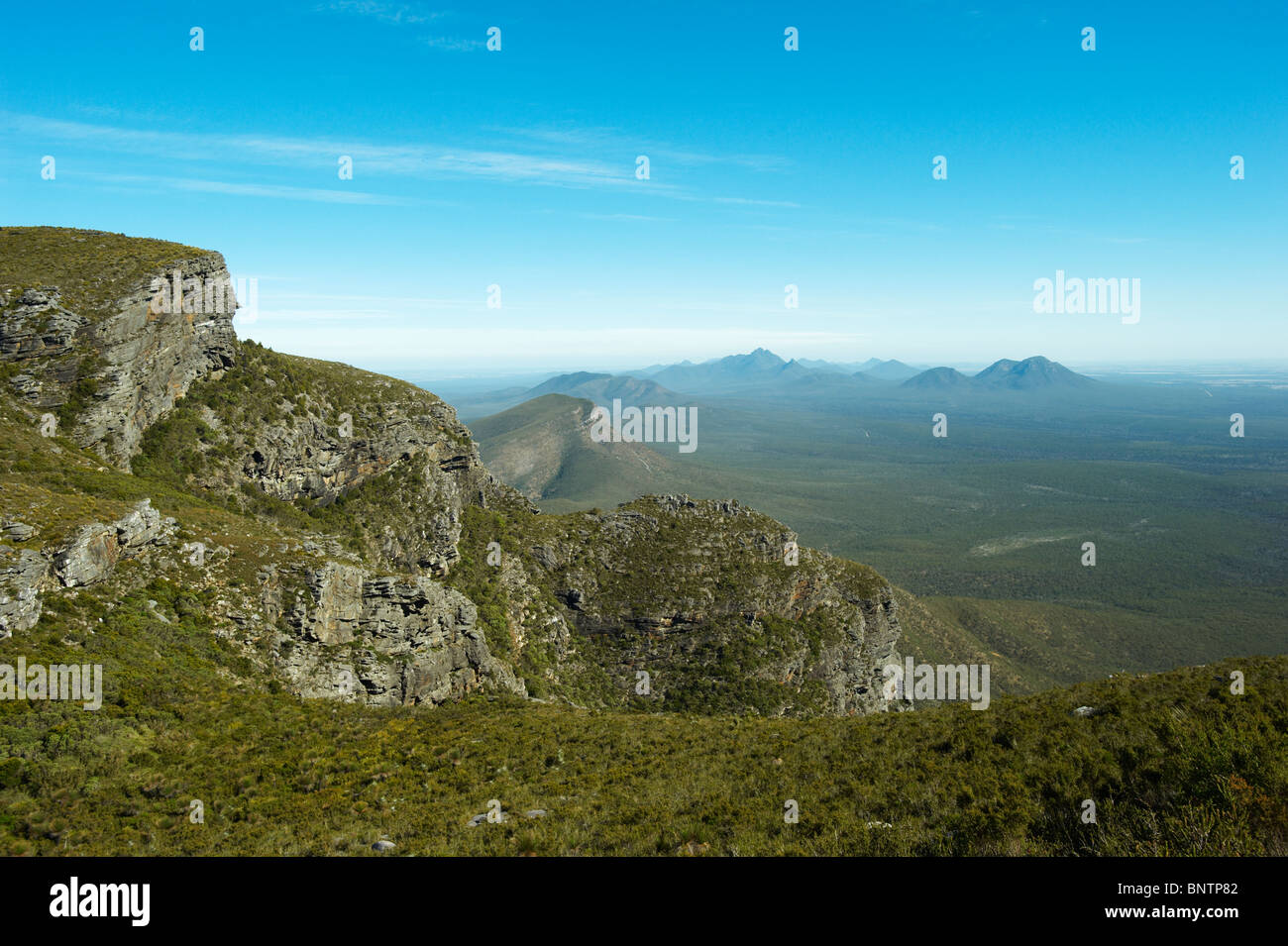 Australia, Western Australia, Stirling Range NP, Toolbrunup & Mt Trio from slopes of Bluff Knoll. Stock Photo