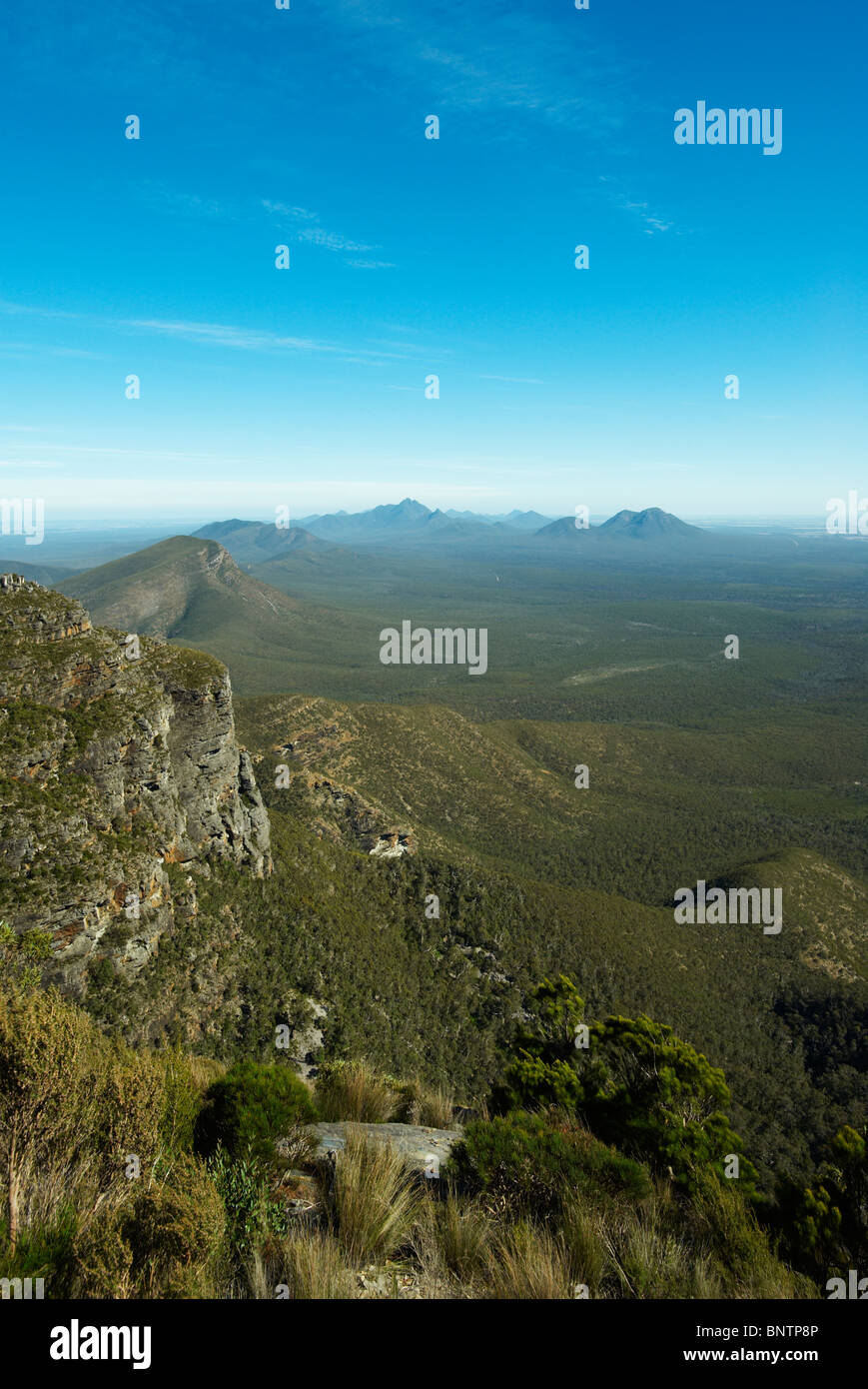 Australia, Western Australia, Stirling Range NP, Toolbrunup & Mt Trio from slopes of Bluff Knoll. Stock Photo