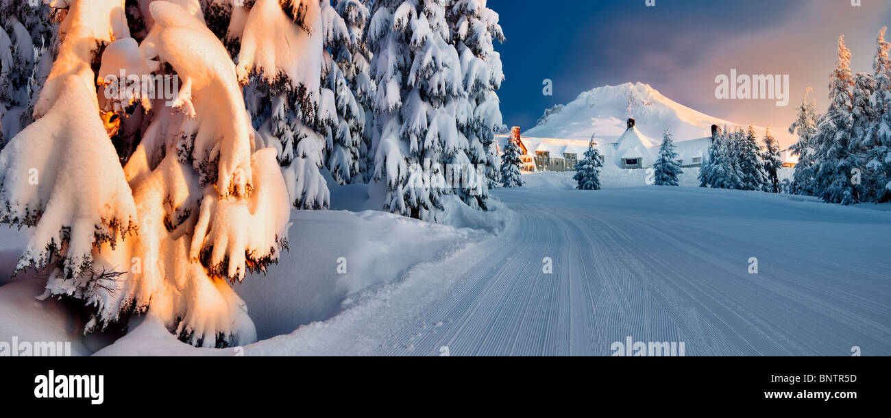Timberline Lodge and Mt. Hood with ski run after heavy new snow. Oregon Stock Photo
