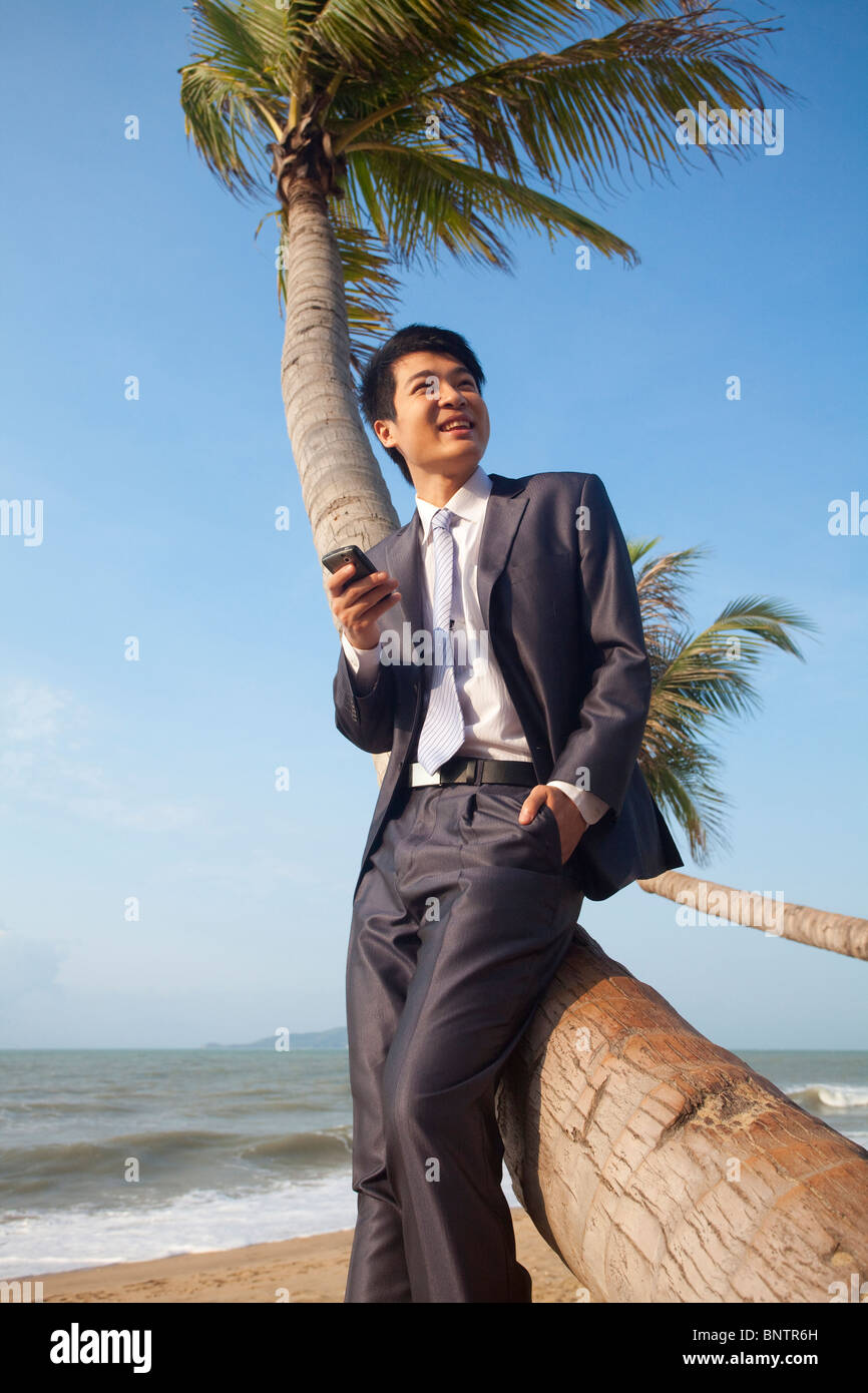 Businessman with his mobile phone on the beach Stock Photo