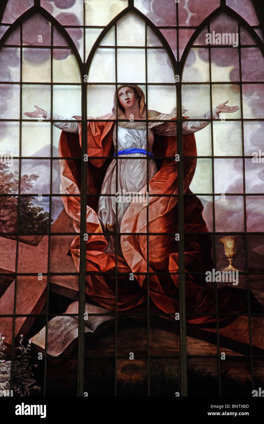 A stained glass window depicting Saint Faith, St Alkmund's Church, Shrewsbury, Shropshire Stock Photo