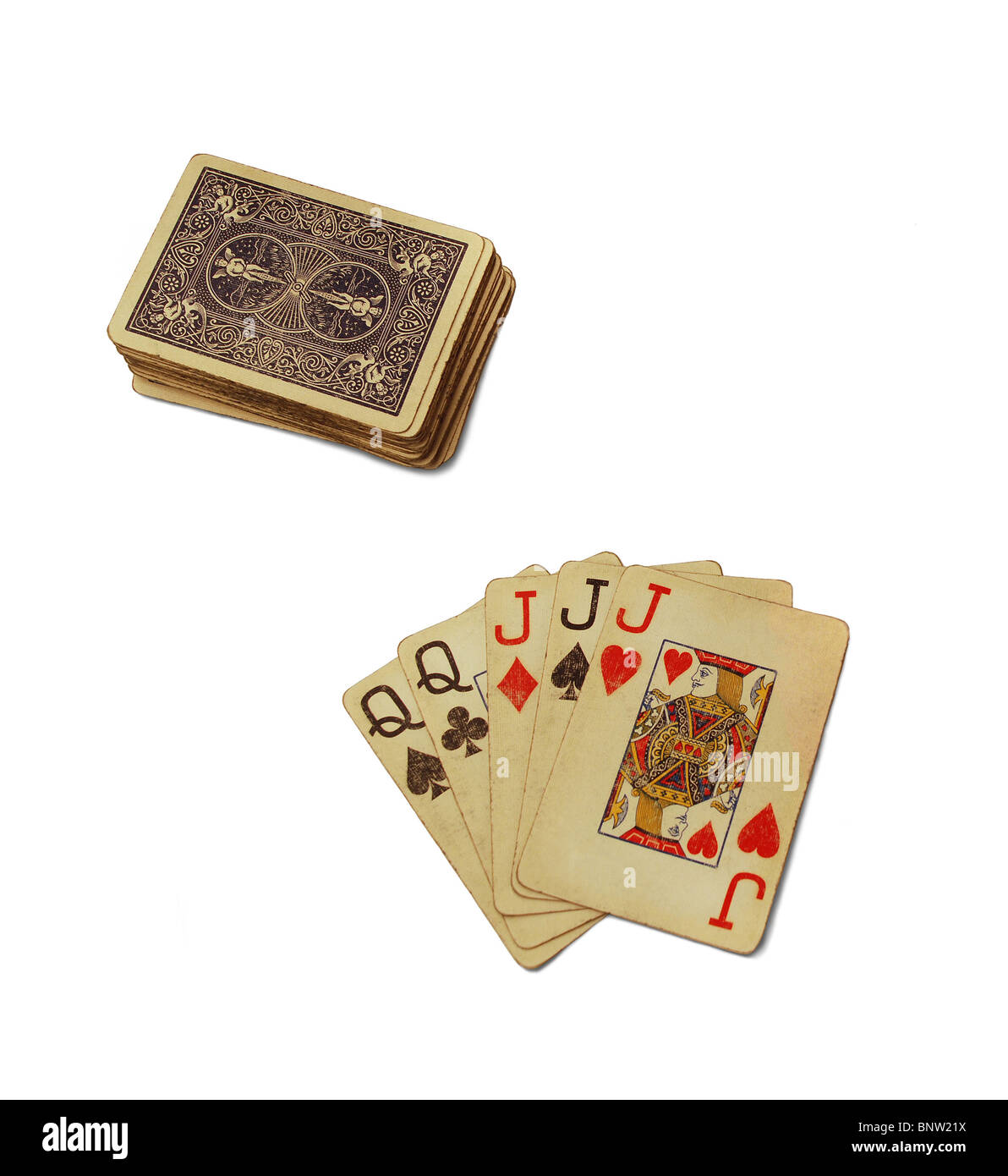 Old poker playing cards with full house Stock Photo