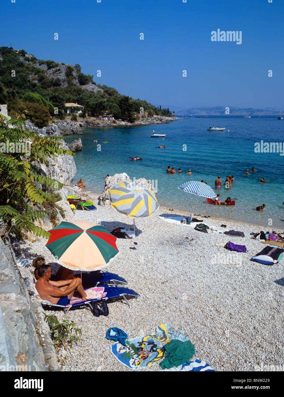 Picturesque view of the beach at the fishing village of Nissaki Stock Photo