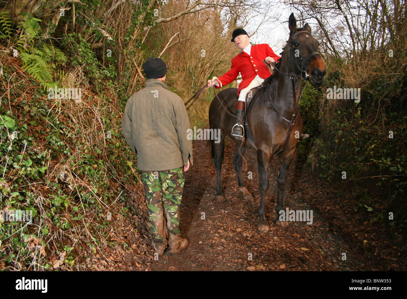 South Herefordshire Huntsman confronting a Hunt Saboteur, Herefordshire, UK Stock Photo