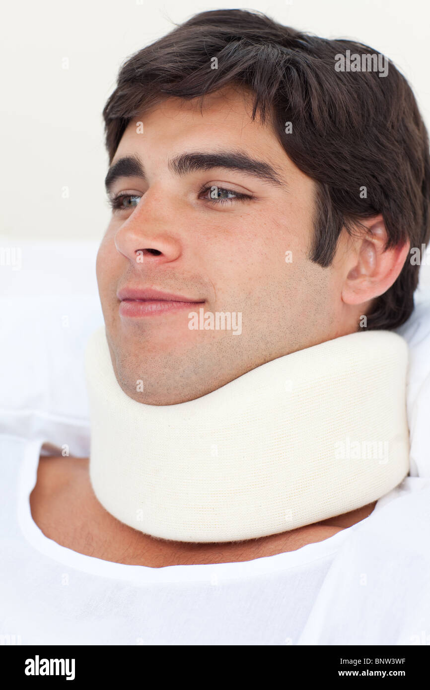 Closeup of a young male patient wearing a neck brace Stock Photo Alamy