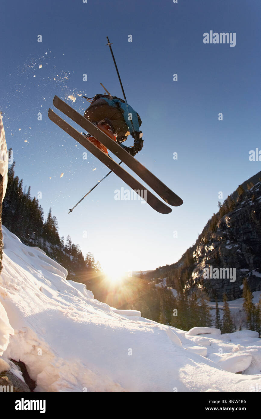 Skier mid jump in Aspen Colorado Stock Photo