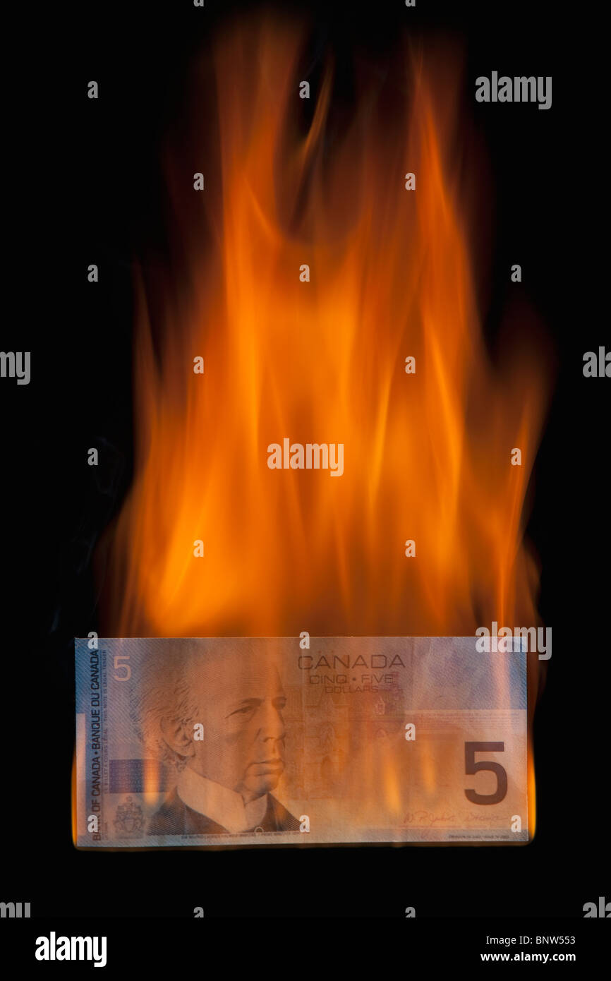 Burning 5 dollar bill Stock Photo