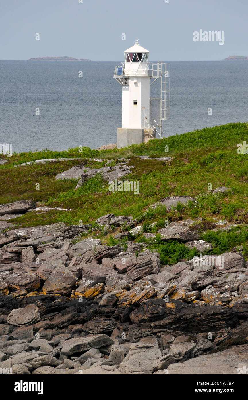 Rhue lighthouse and Rubha Cadail. Loch Broom, Ross and Cromarty, Scotland, United Kingdom, Europe. Stock Photo