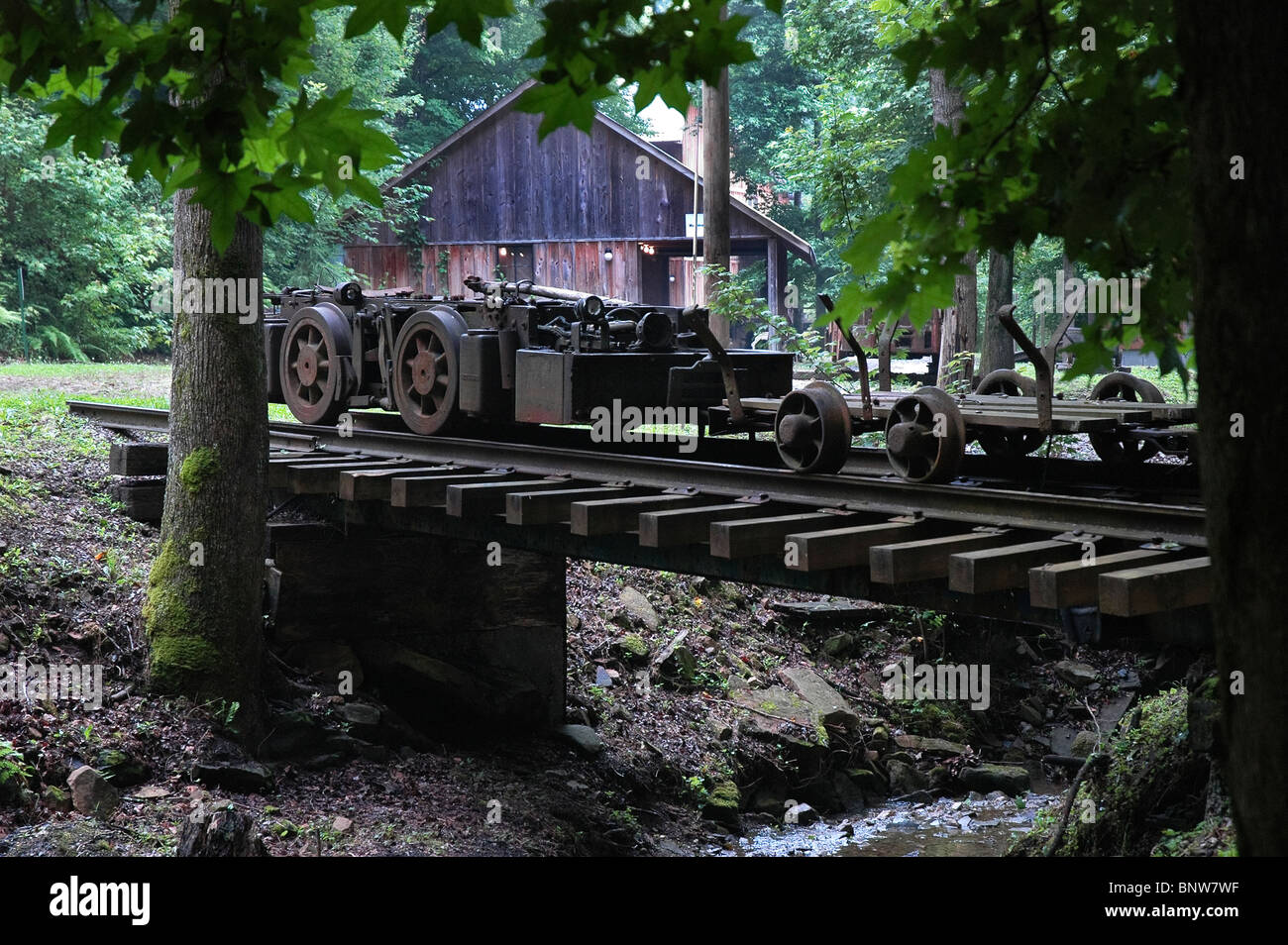Rails and motor cars used to mine coal at Barthell coal Mining Camp, Kentucky Stock Photo