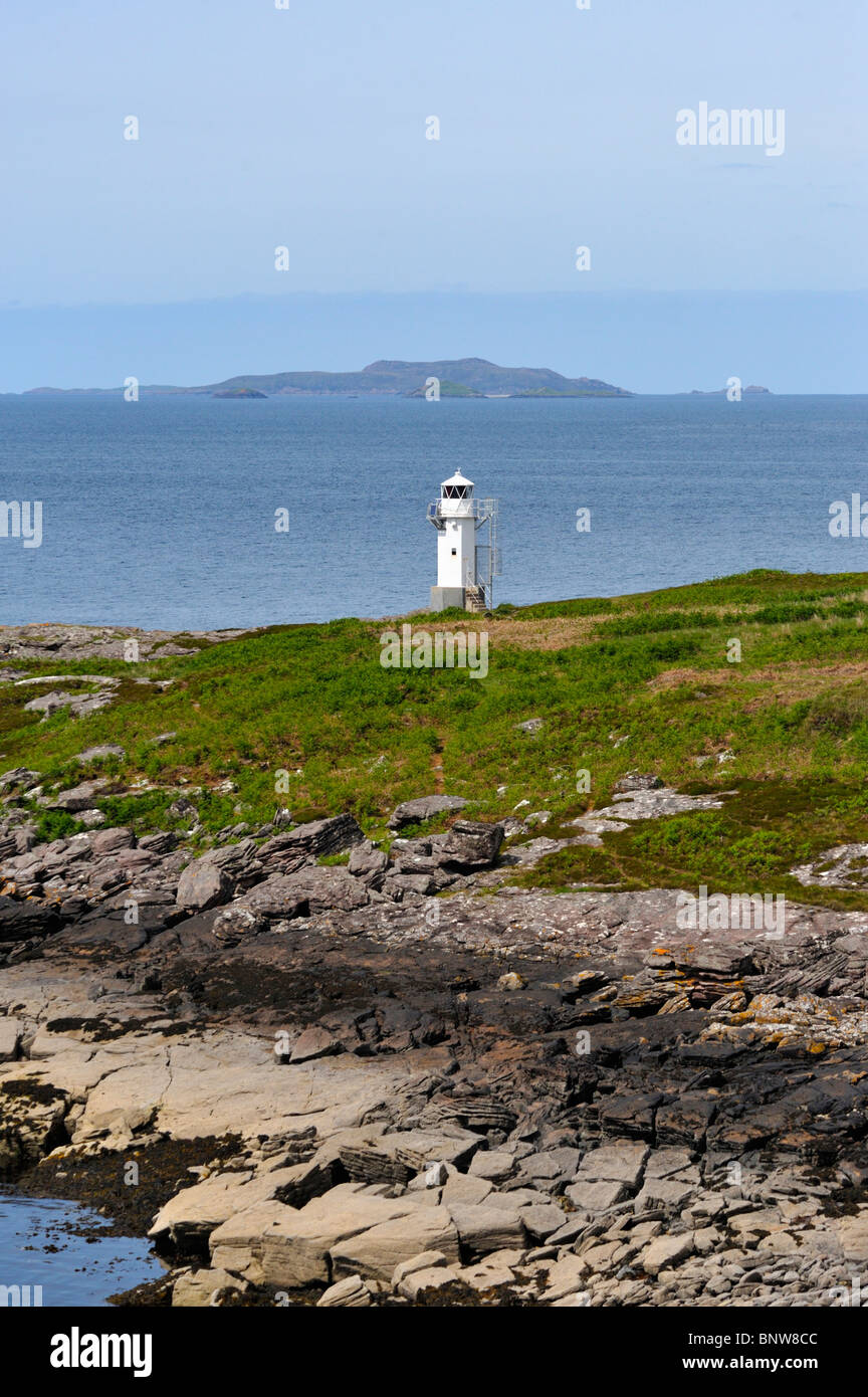Rhue lighthouse and Rubha Cadail. Loch Broom, Ross and Cromarty, Scotland, United Kingdom, Europe. Stock Photo