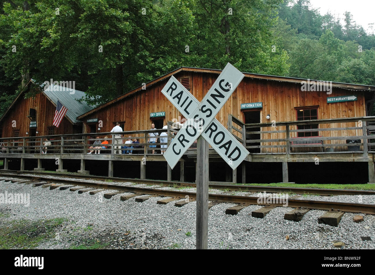 railroad crossing sign in front of the train station at Barthell coal Mining Camp, Kentucky. Stock Photo