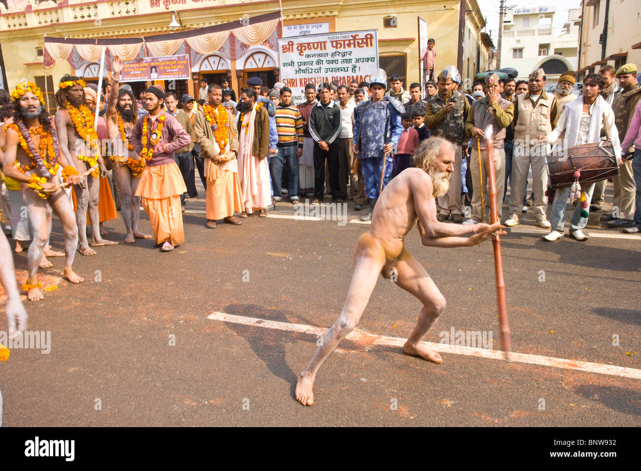 A Naga Sadhu performs during the Kumbh mela celebration Stock Photo