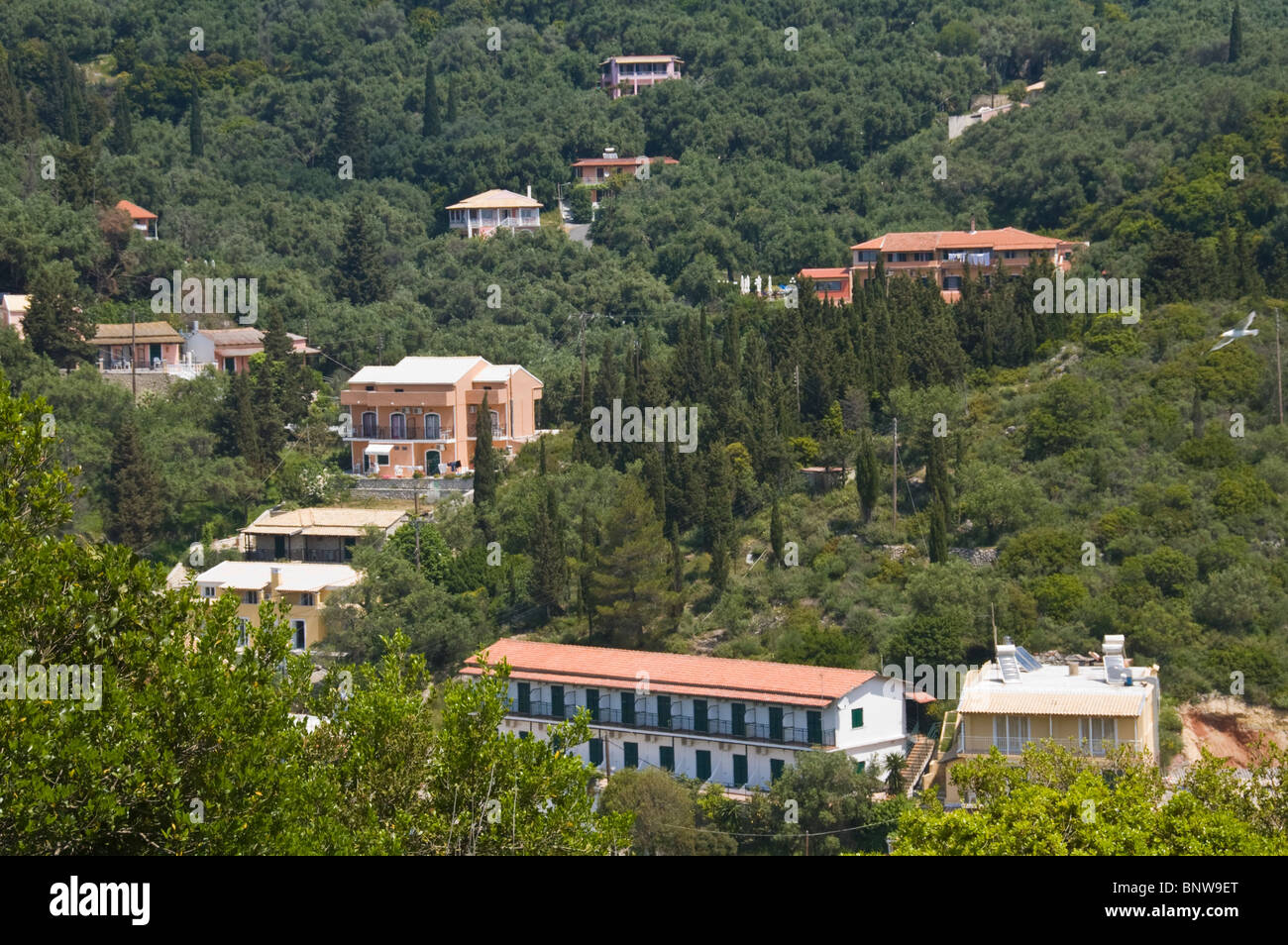 Holiday apartments on the wooded hillside overlooking Paleokastritsa on the Greek island of Corfu Greece GR Stock Photo