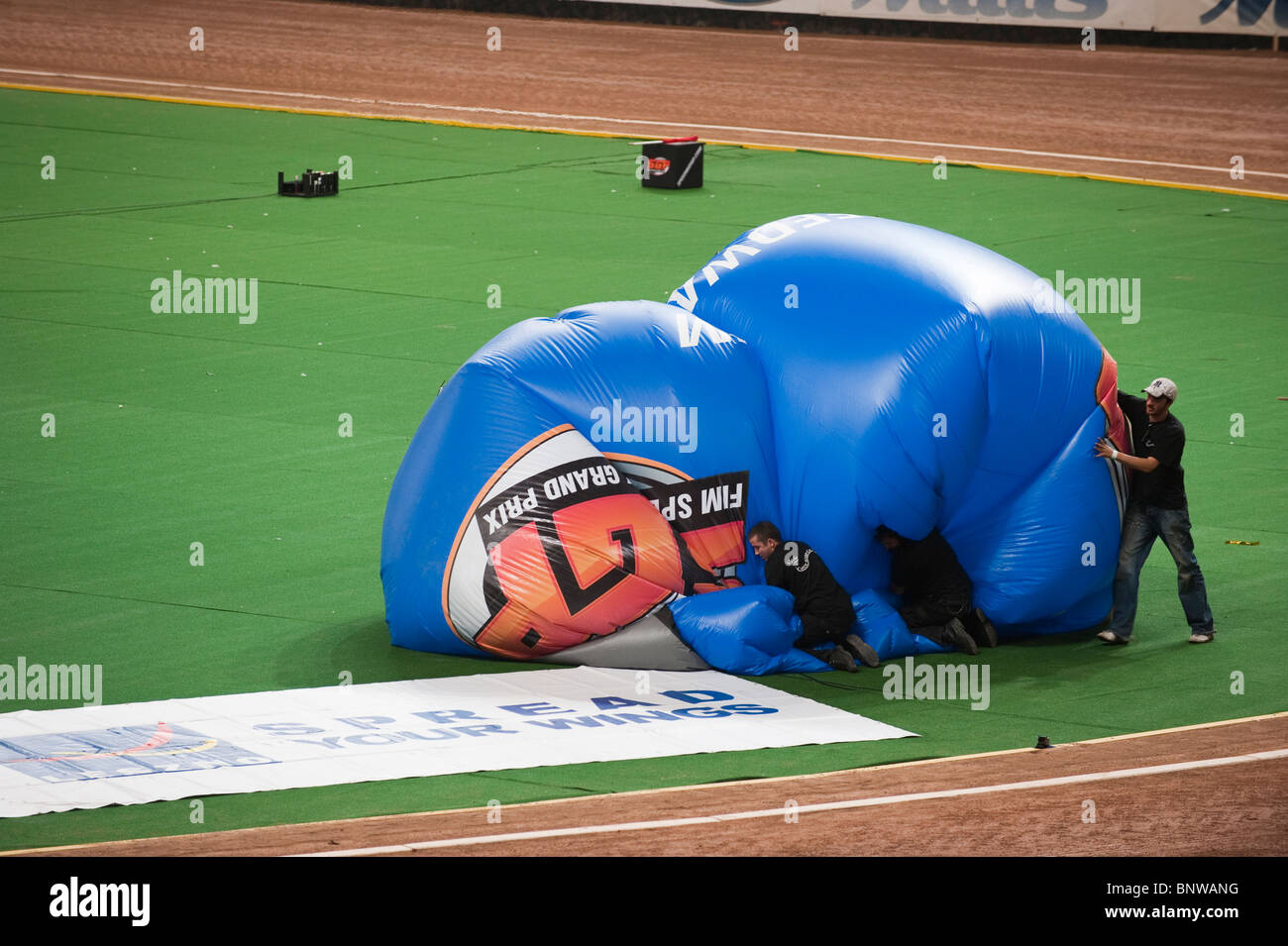 Blue inflatable helmet being deflated at the 2010 British Speedway Grand Prix, held at the Millennium Stadium, Cardiff Stock Photo