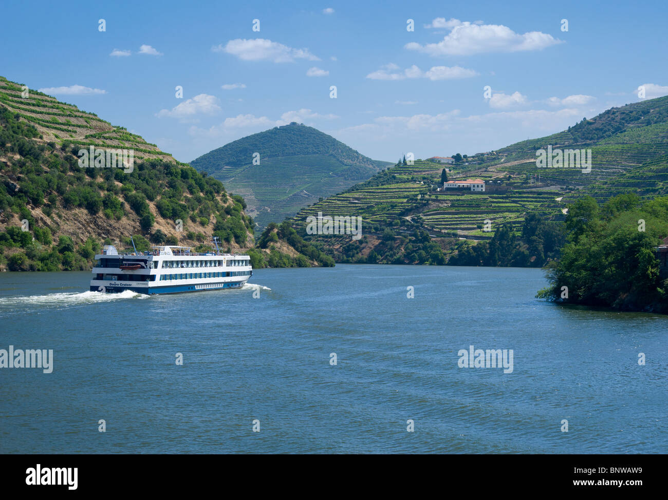 Portugal, the Alto Douro, near Pinhao, with a river cruise ship Stock
