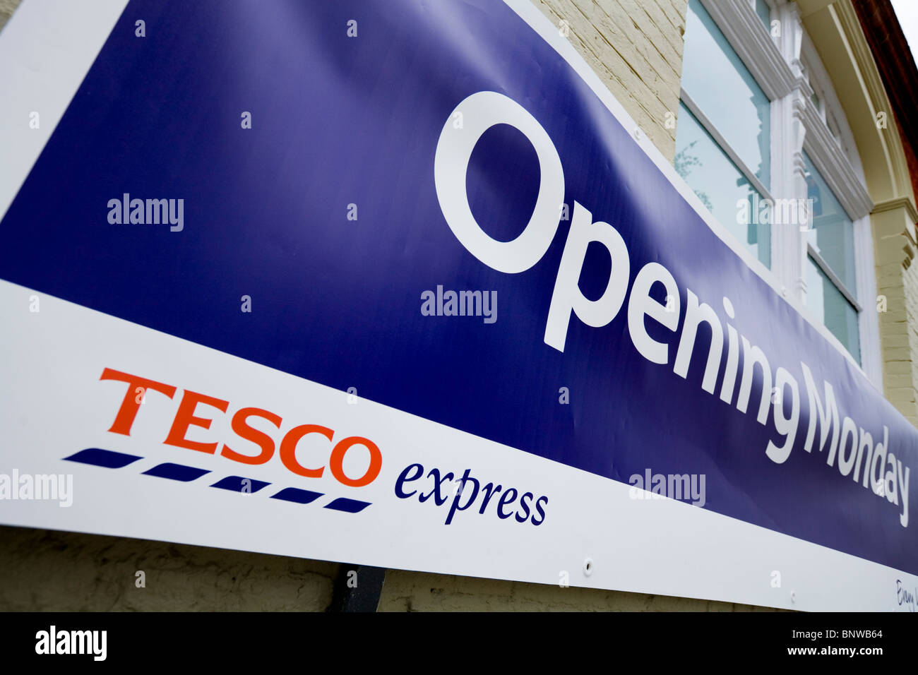 Banner to advertise a new / opening Tesco Express supermarket. Stock Photo