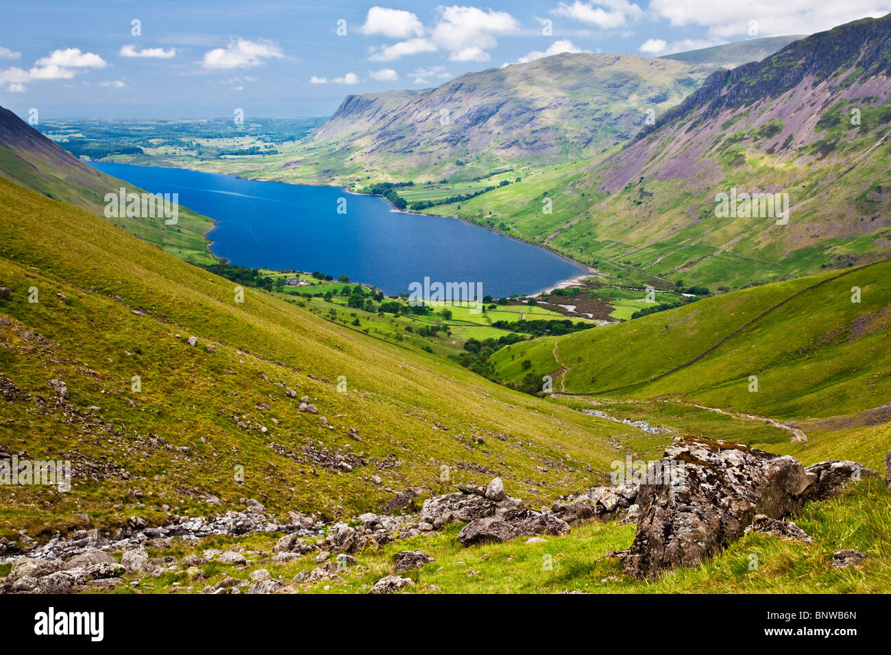 View over Wast Water from the Wasdale Head route up to Scafell Pike, Lake District, Cumbria, England, UK Stock Photo