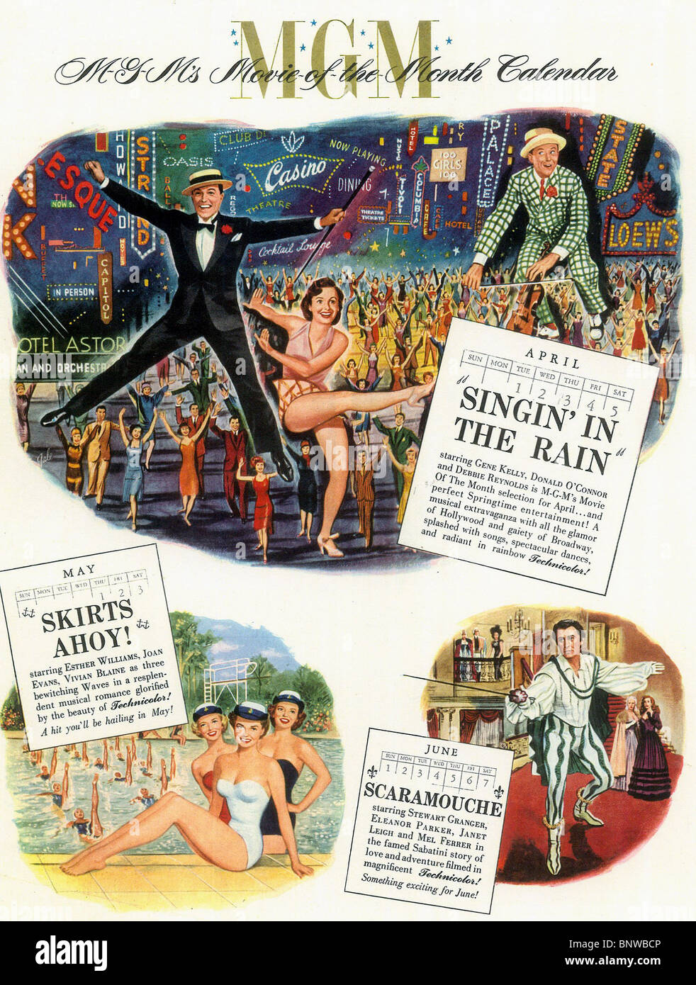 MGM MOVIE OF THE MONTH CALENDAR SINGIN' IN THE RAIN SKIRTS AHOY &  SCARAMOUCHE; Singin' in the Rain (1952 Stock Photo - Alamy