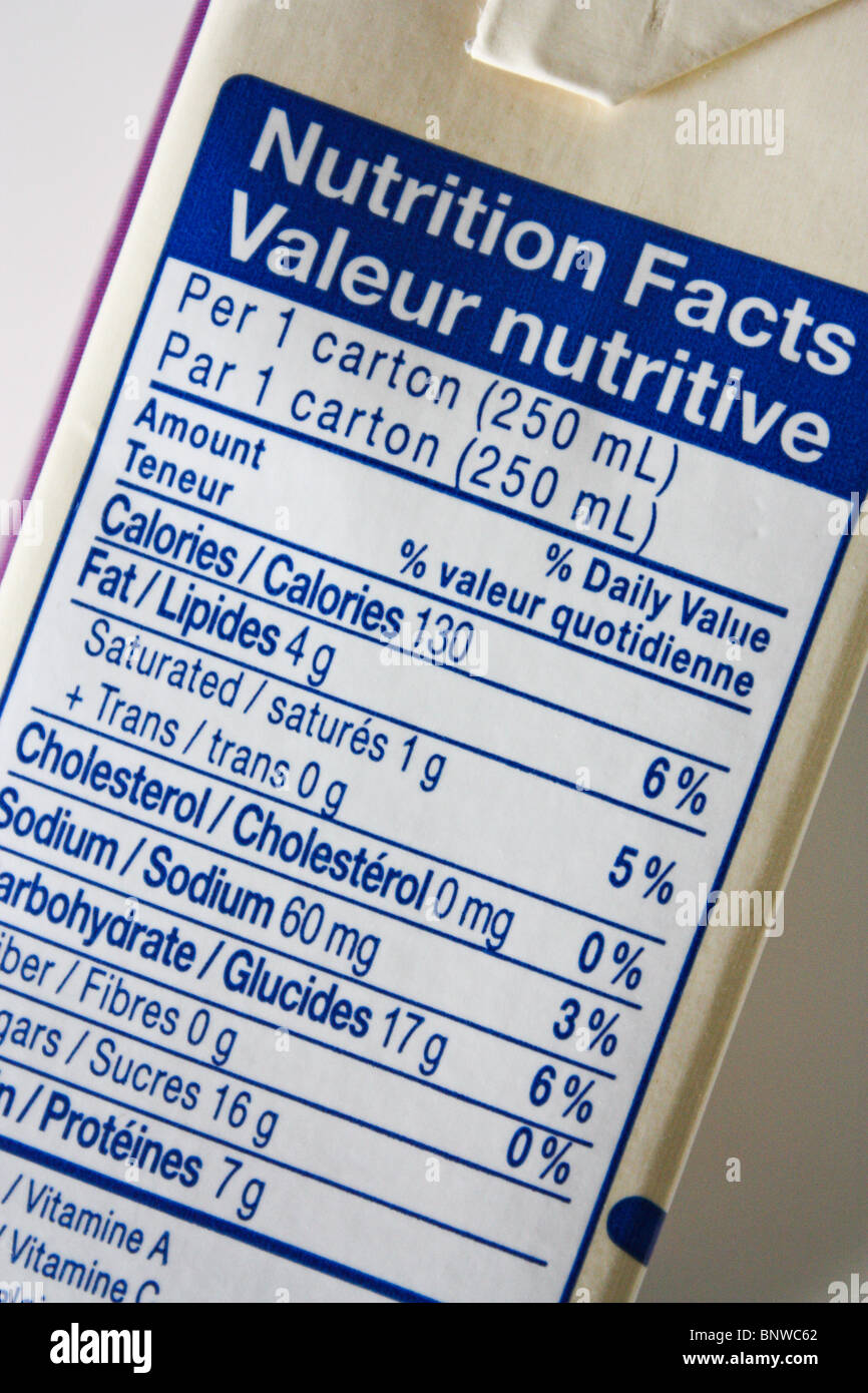 nutrition label on soy bean drink Stock Photo