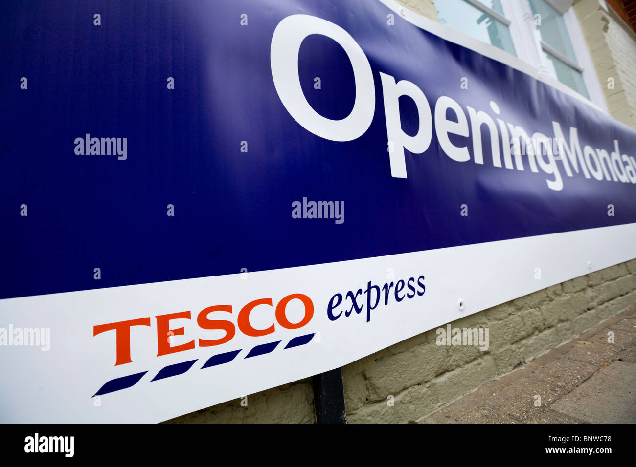Banner to advertise a new / opening Tesco Express supermarket. Stock Photo
