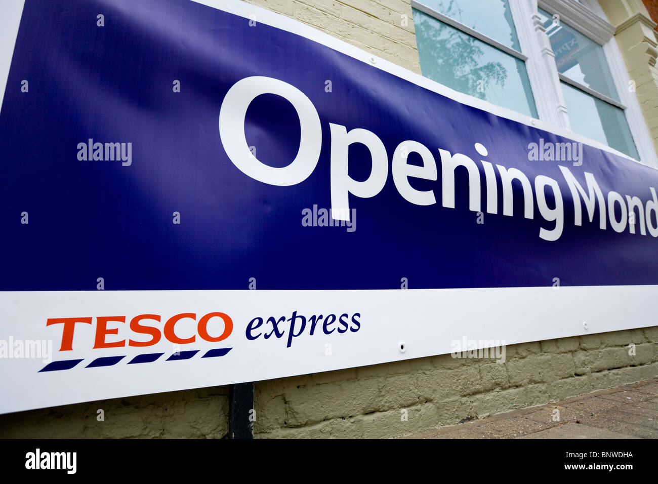 Banner to advertise a new / opening Tesco Express supermarket. Stock Photo