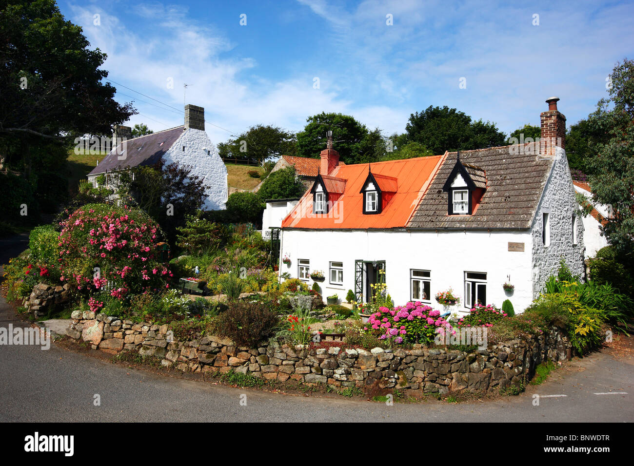 Typical stone houses, made mostly of granite, decorated with lots of flowers, Guernsey, Channel