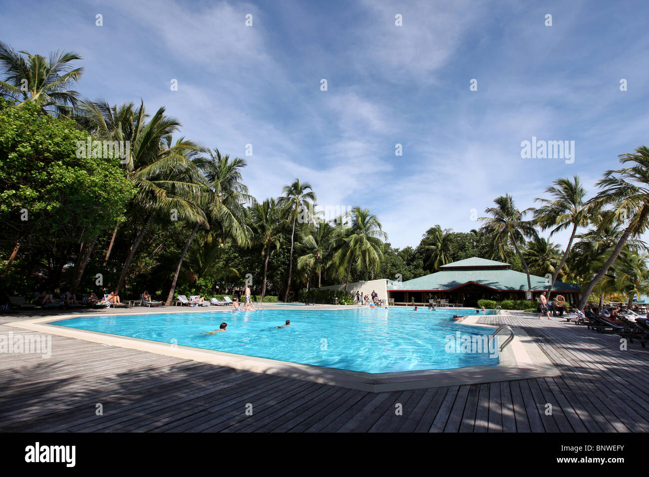 Family swimming pool on the West side of Meeru Island Resort, Maldives, Asia Stock Photo