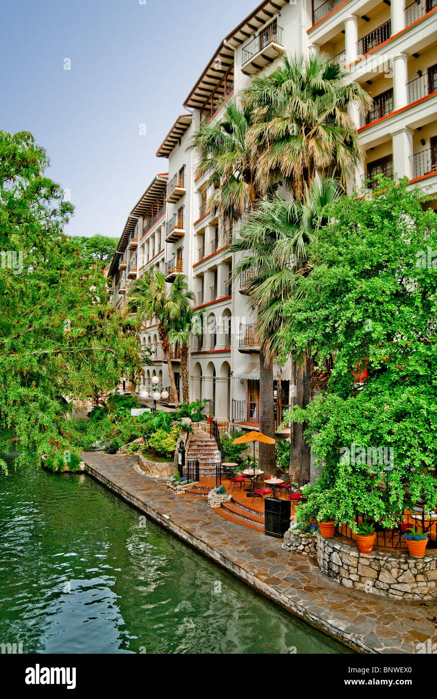 Historic La Mansion del Rio Hotel on River Walk on banks of the Paseo del Rio in downtown San Antonio, Texas, USA Stock Photo