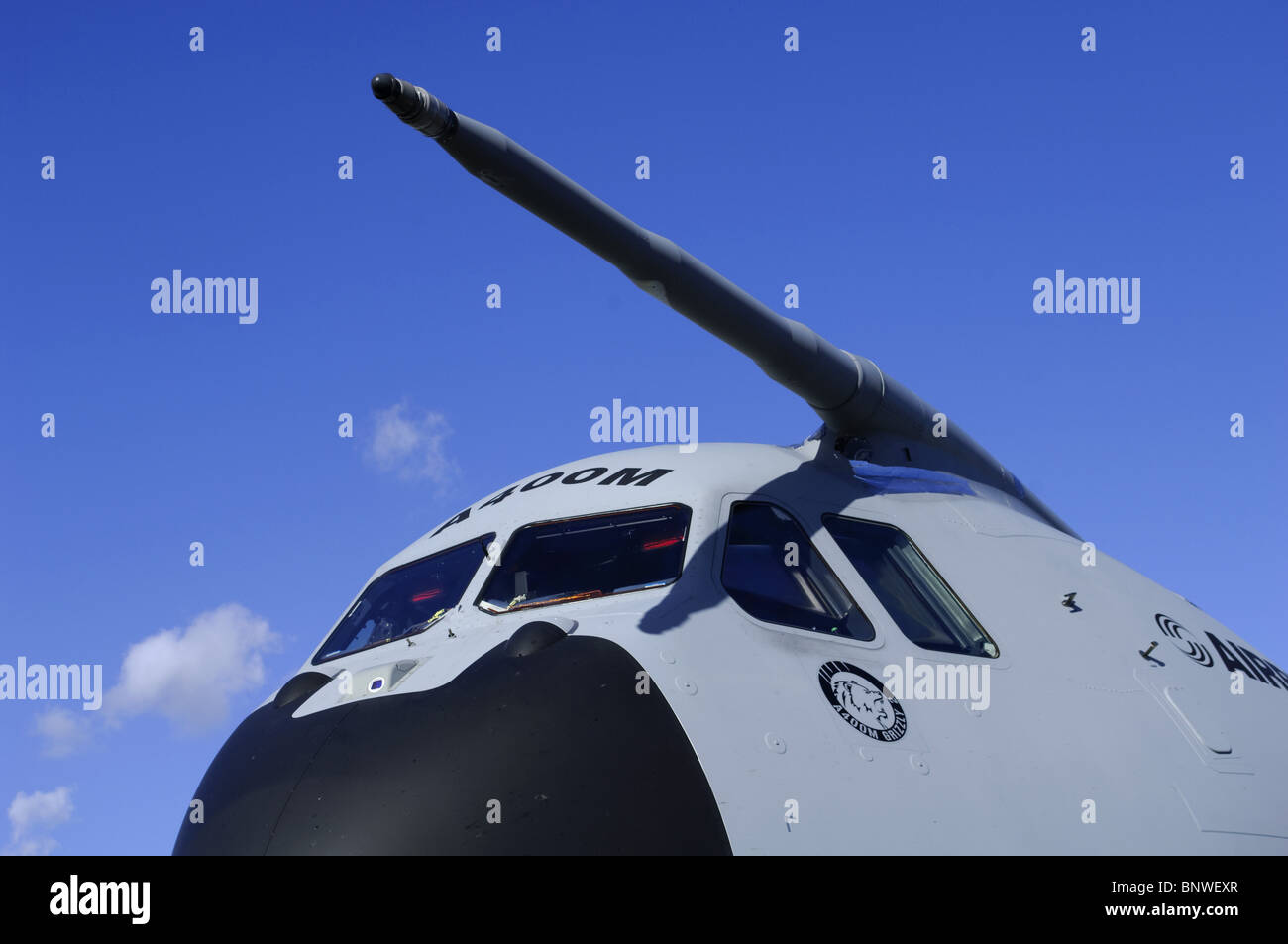 Cockpit and in-flight refueling probe of the Airbus Military A400M second prototype, Grizzly 2, at Farnborough Airshow 2010 Stock Photo