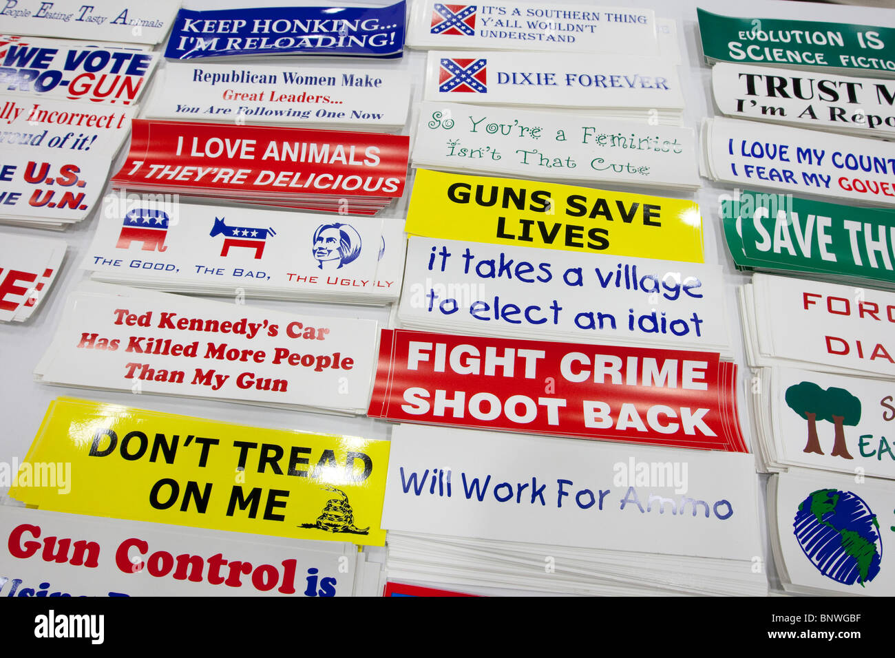 Bumper stickers showing conservative political ideas on display at the trade show at the Texas Republican Convention in Dallas. Stock Photo