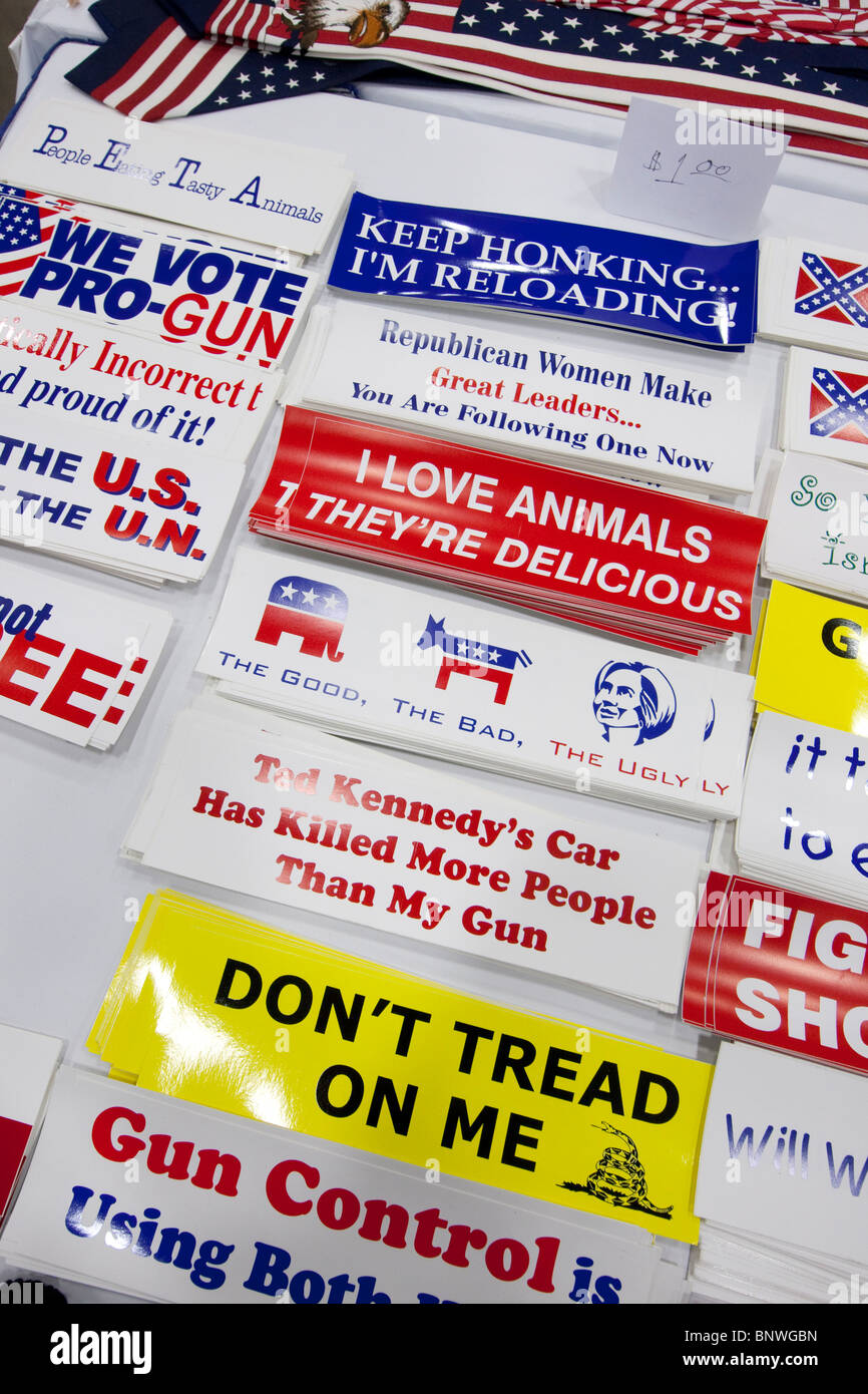 Bumper stickers showing conservative political ideas on display at the trade show at the Texas Republican Convention in Dallas. Stock Photo