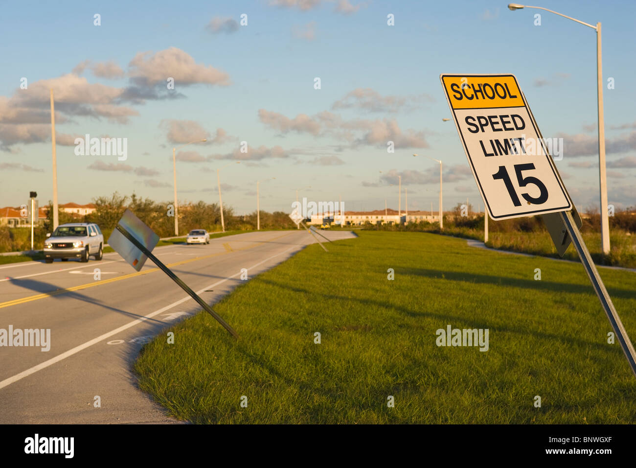 Bent street signs by hurricane winds, Miramar, Florida, USA Stock Photo