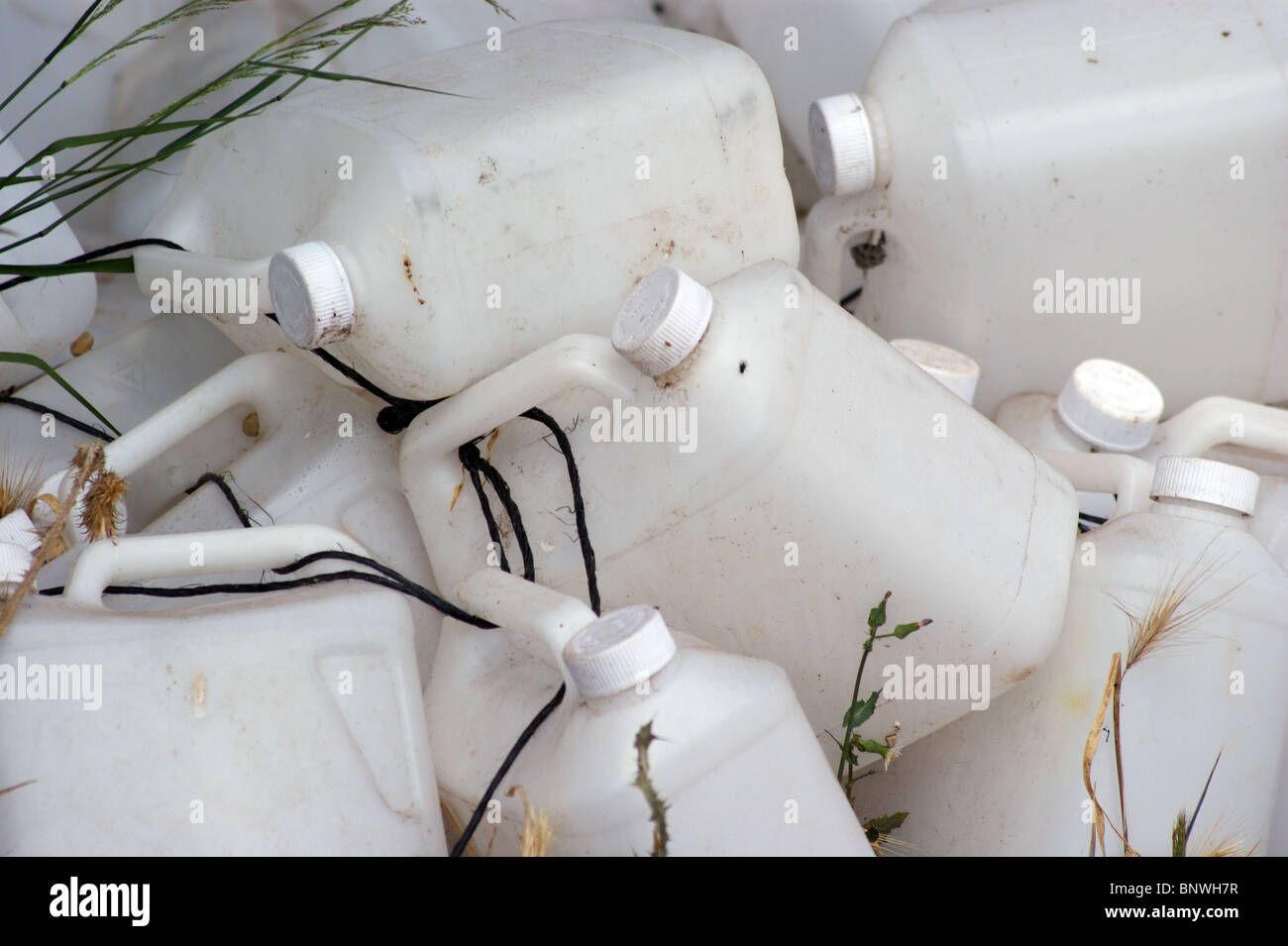 COLLECTION OF USED PLASTIC BOTTLES SCREW TOP CONTAINERS Stock Photo