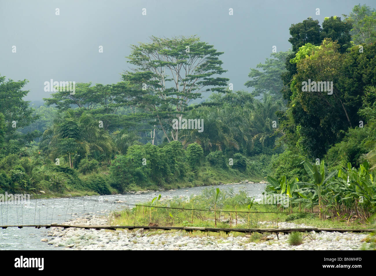 dramatic tropical landscape with rope bridge during storm, sumatra, indonesia Stock Photo