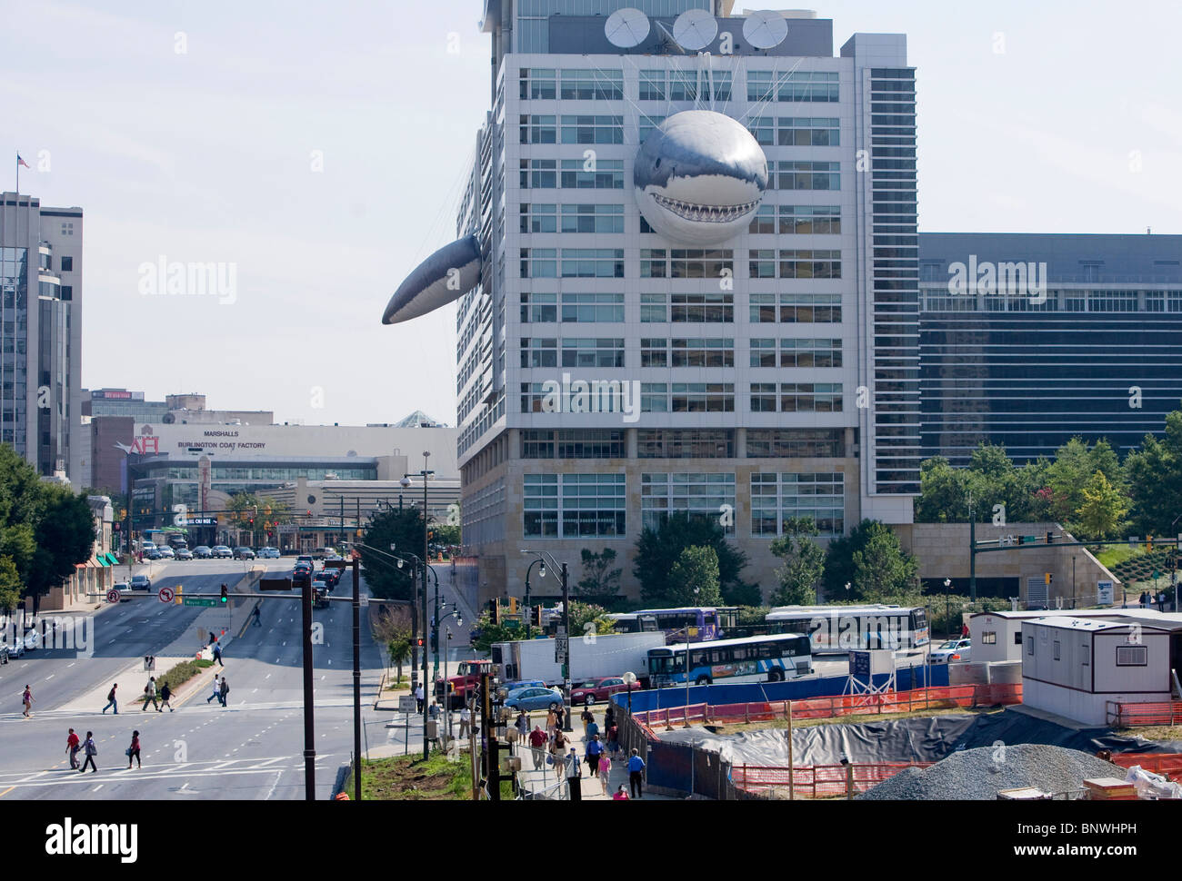 Discovery Channel headquarters with Shark Week decorations. Stock Photo