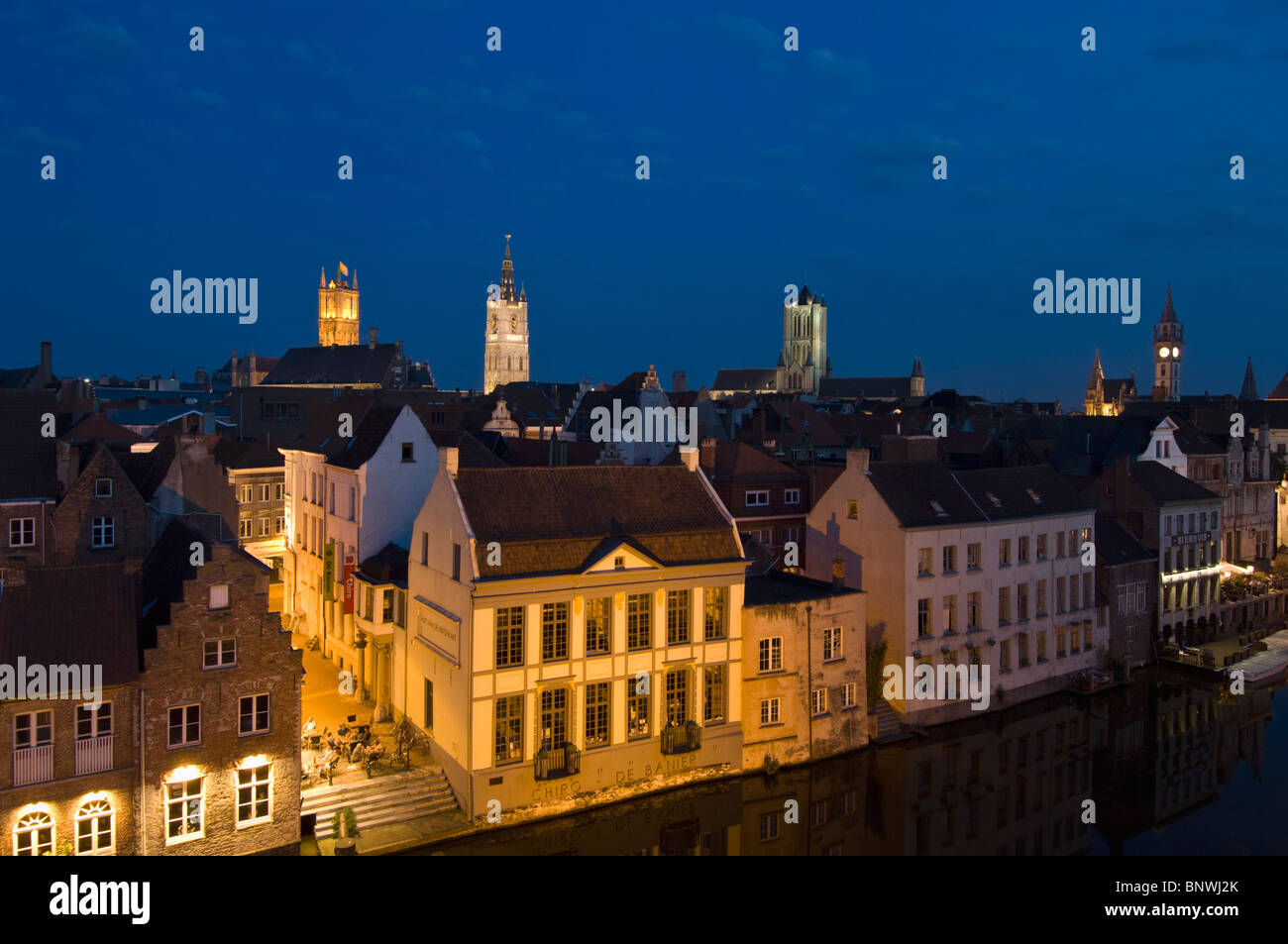 Belgium, Ghent, Graslei canal houses at night Stock Photo