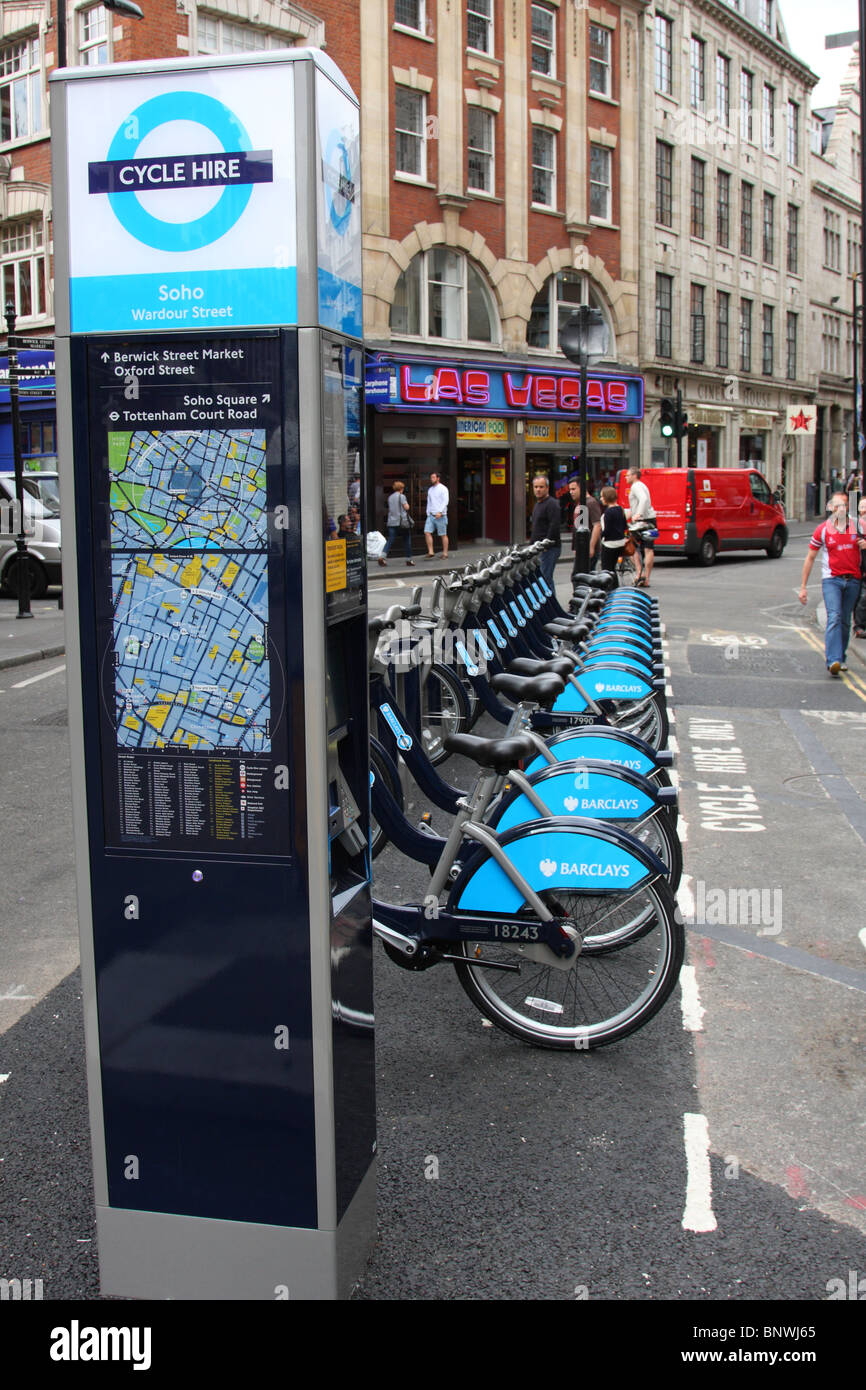 Transport for London (TFL) & Barclays cycle hire, Wardour Street, Soho, London, England, U.K. Stock Photo