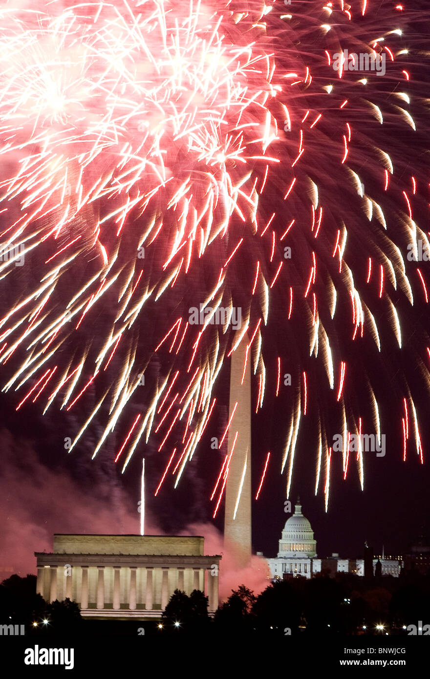 Fourth of July fireworks in Washington, DC.  Stock Photo