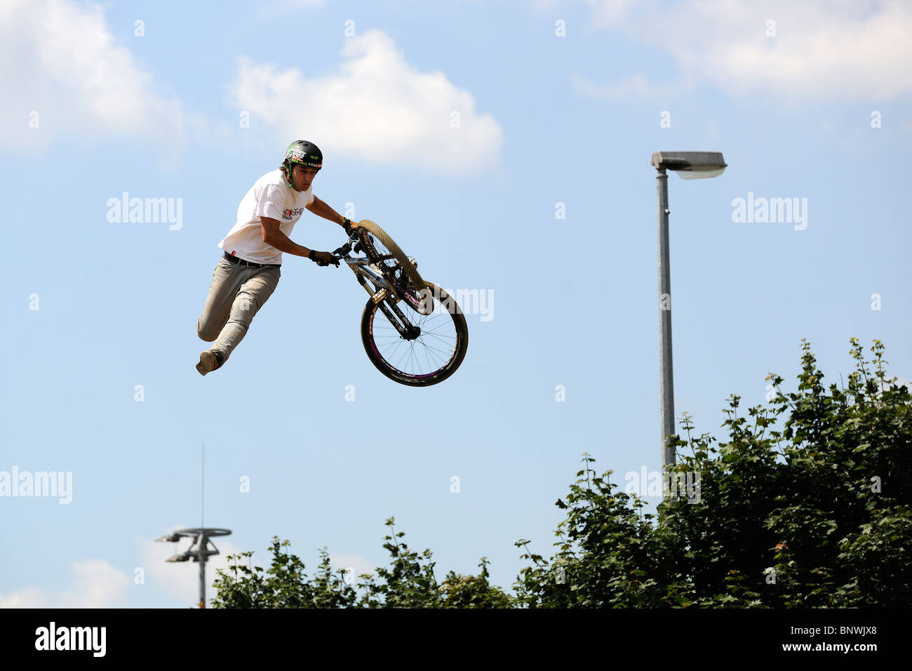 An unidentified contestant participates in a BMX/Mountain Bike contest. Stock Photo